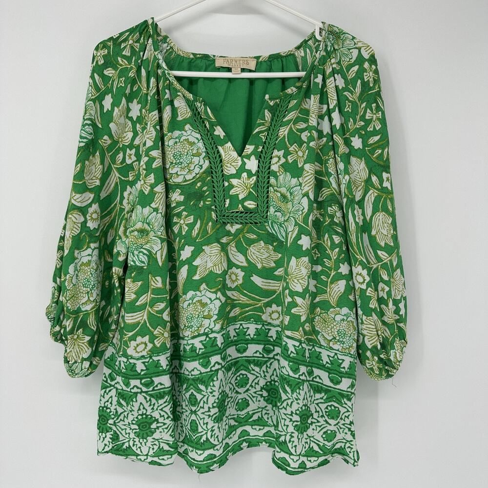 Farmers Market Womens MED Green Floral Peasant Blouse Crochet Peasant Boho Tunic